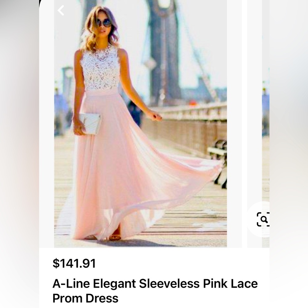 Long pink chiffon evening dress with white lace